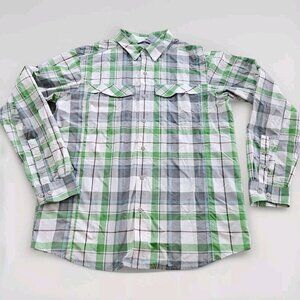 Columbia Shirt Men L Plaid LS Roll Up Tab Pockets Outdoor Sun Protect Vents Mesh